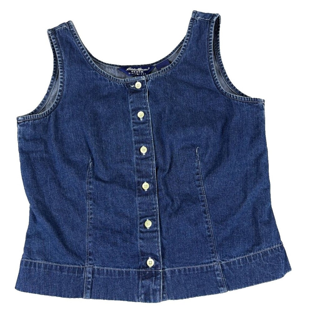 Eddie Bauer Denim Tank Top Petite S Button Front Fitted 100% Cotton Y2K Style